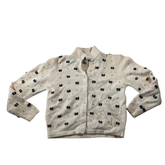 Vtg Cream Wool & Angora Rabbit Bow Applique Button Cardigan Sz L Coquette Girly - Picture 1 of 7